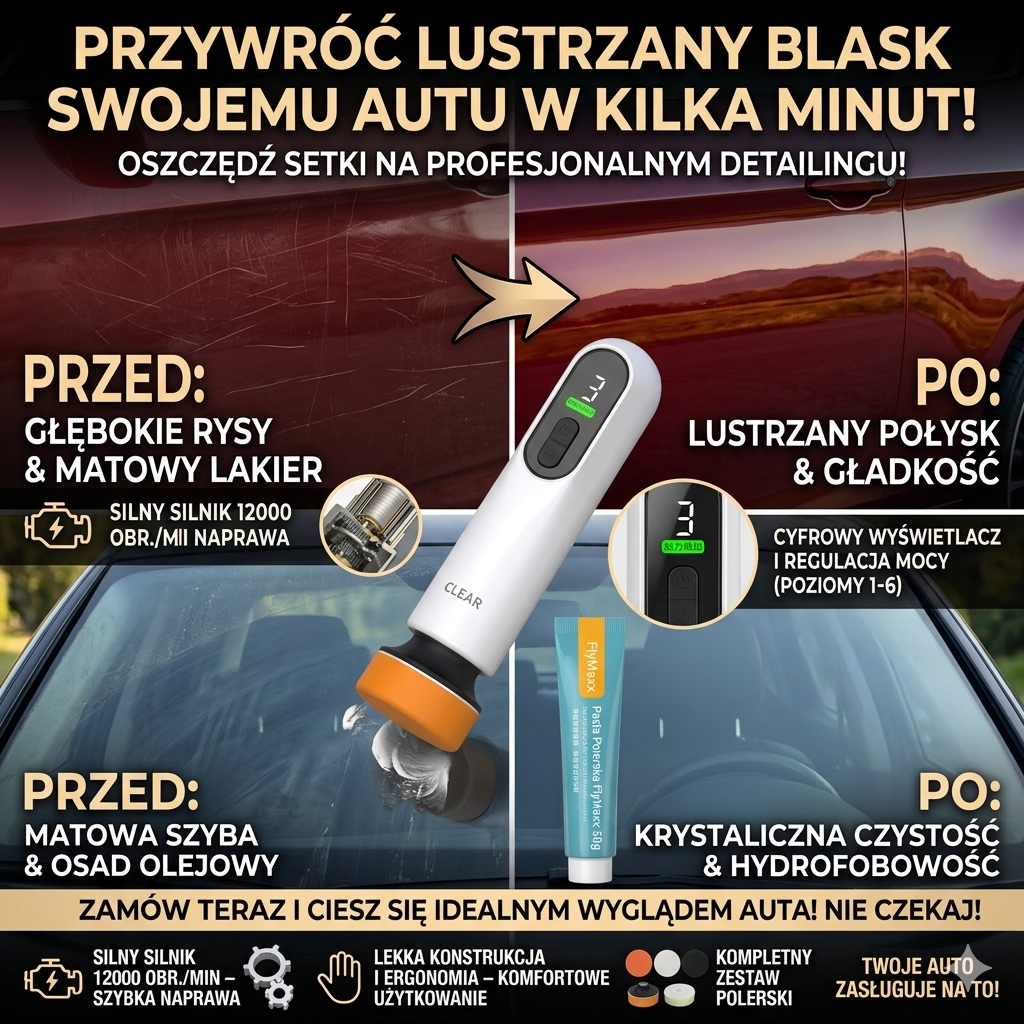 ( Zestaw) Polerka Bezprzewodowa 3 w 1 – Przywróć Blask Lakierowi oraz Lampą Bez Warsztatu od FlyMaxx